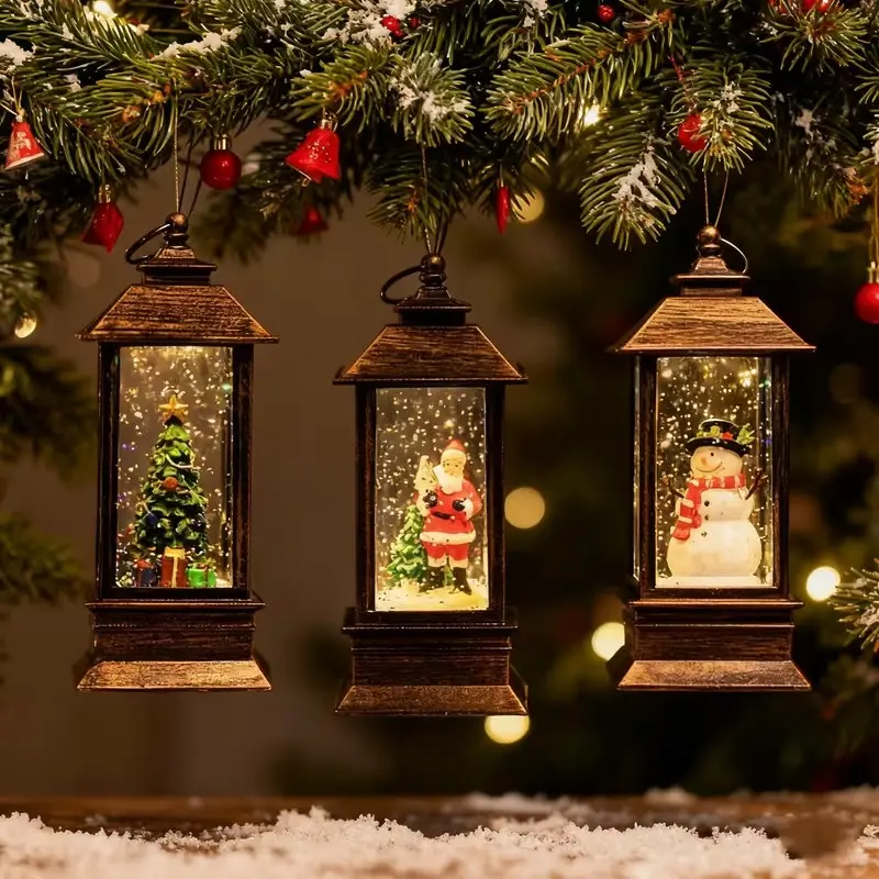 3-Piece Vintage Christmas Light Set, Flameless Candle Lights, Glowing Lanterns, Cute Ornament, Santa Tree Snowman Decor, Outdoor Holiday Ornaments & Xmas Gifts