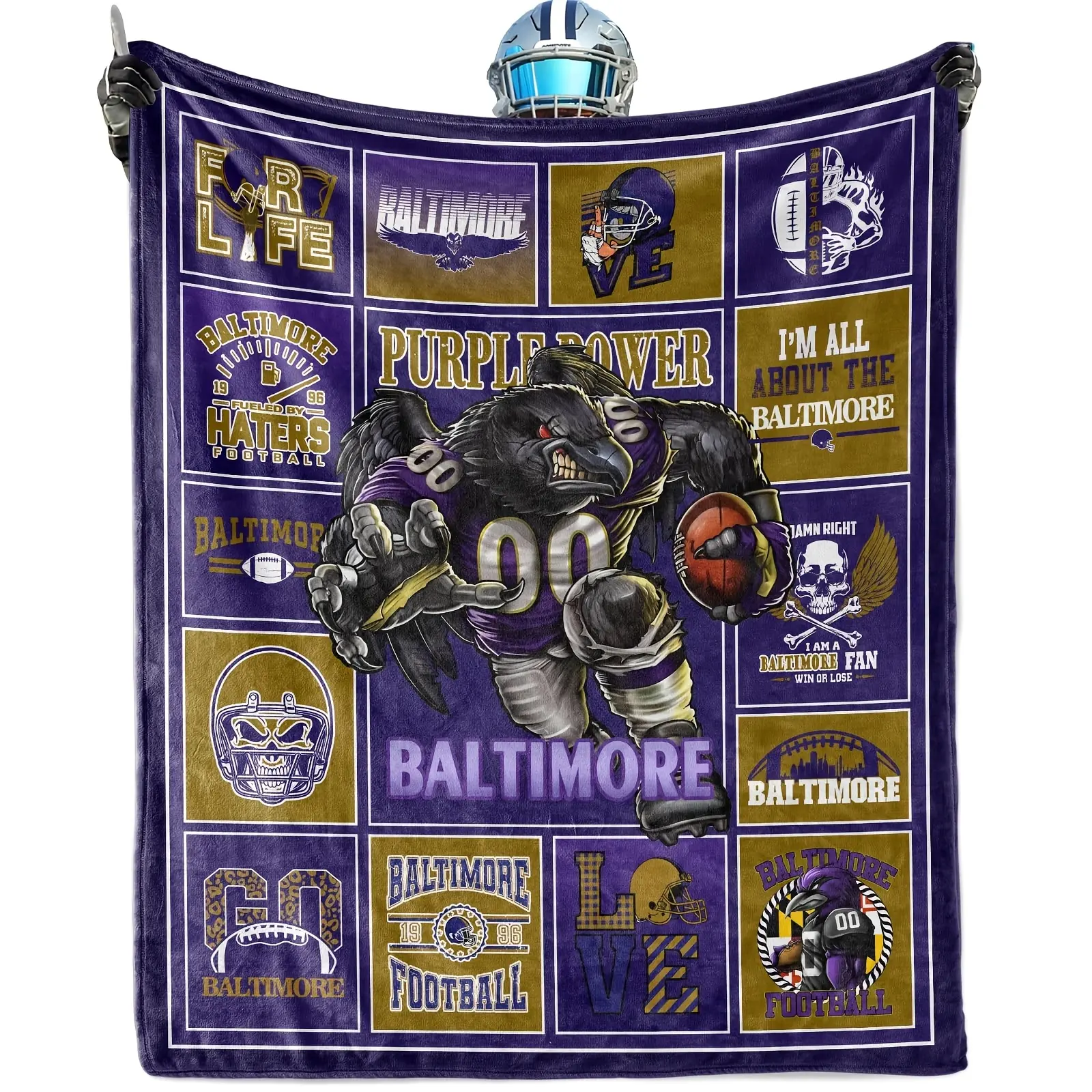 1pc Baltimore Team Retro Football Flannel Throw Blanket - 280GSM Soft, Durable Polyester 1-piece, Modern Digital Print, All Seasons Home Use, Machine Washable, Wrinkle/Fade Resistant, Purple & Golden Men’s Fan Gift, Room/House Decor, Room Decor, Wrinkle R