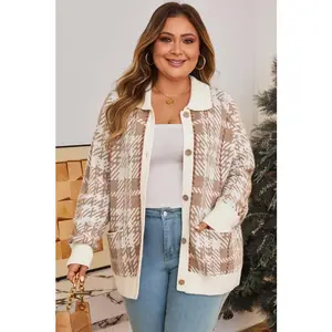 Plus Size Plaid Ribbed Trim Button Front Cardigan