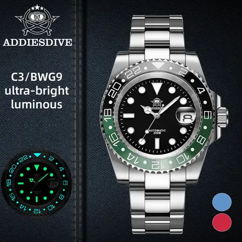 ADDIESDIVE Men's Classic Luxury Fully Automatic Mechanical Watch - 2-Tone Ceramic Bezel, Sapphire Crystal, Luminous Dial, Oval Shape, 200m/20ATM Sealed, 316L Stainless Steel, Japan 8215 Movement, BGW9 Glow-in-Dark, Black Casual Swimming/Diving Wristwatch