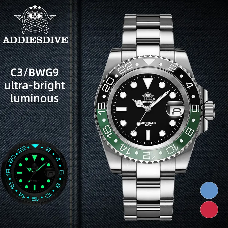 ADDIESDIVE Men's Classic Luxury Fully Automatic Mechanical Watch - 2-Tone Ceramic Bezel, Sapphire Crystal, Luminous Dial, Oval Shape, 200m/20ATM Sealed, 316L Stainless Steel, Japan 8215 Movement, BGW9 Glow-in-Dark, Black Casual Swimming/Diving Wristwatch