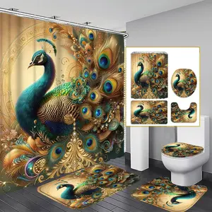 Elegant Peacock Pattern Shower Curtain Set, Bathroom Mat 3pcs + Curtains 1pc, Easy Clean Polyester Material, Includes 12 Plastic Hooks