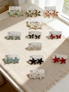 Vintage Gold Trim Starfish Earrings, Multicolor Enamel Ocean Themed Studs, Hypoallergenic Stainless Steel Earrings for Sensitive Ears