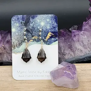 14k Gold -Filled Fancy Cut Smokey Quartz, Silver Freshwater Pearl & Black Spinel Earrings