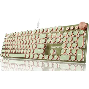 EWEADN Wired Typewriter Mechanical Keyboard, Low Noise   Retro Punk Keyboard with Media Knob, White Backlit, Metal Panel, 104-Key Round Keycaps Cute Keyboard for Windows PC - Green