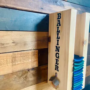 Personalized koozie holder with bottle opener