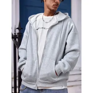 Men's Casual Solid Color Blank Hoodie, Zip-Up Sweatshirt, For Fall, Long Sleeve Tops