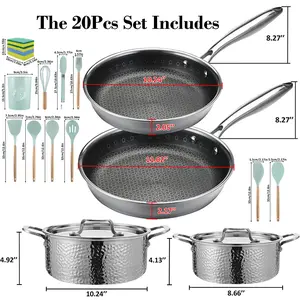 20-Piece Cookware Set with Non-Stick Pans, Hammered Pots, Silicone Utensils, 10.24-inch and 11.02-inch Frying Pans, Stainless Steel Construction