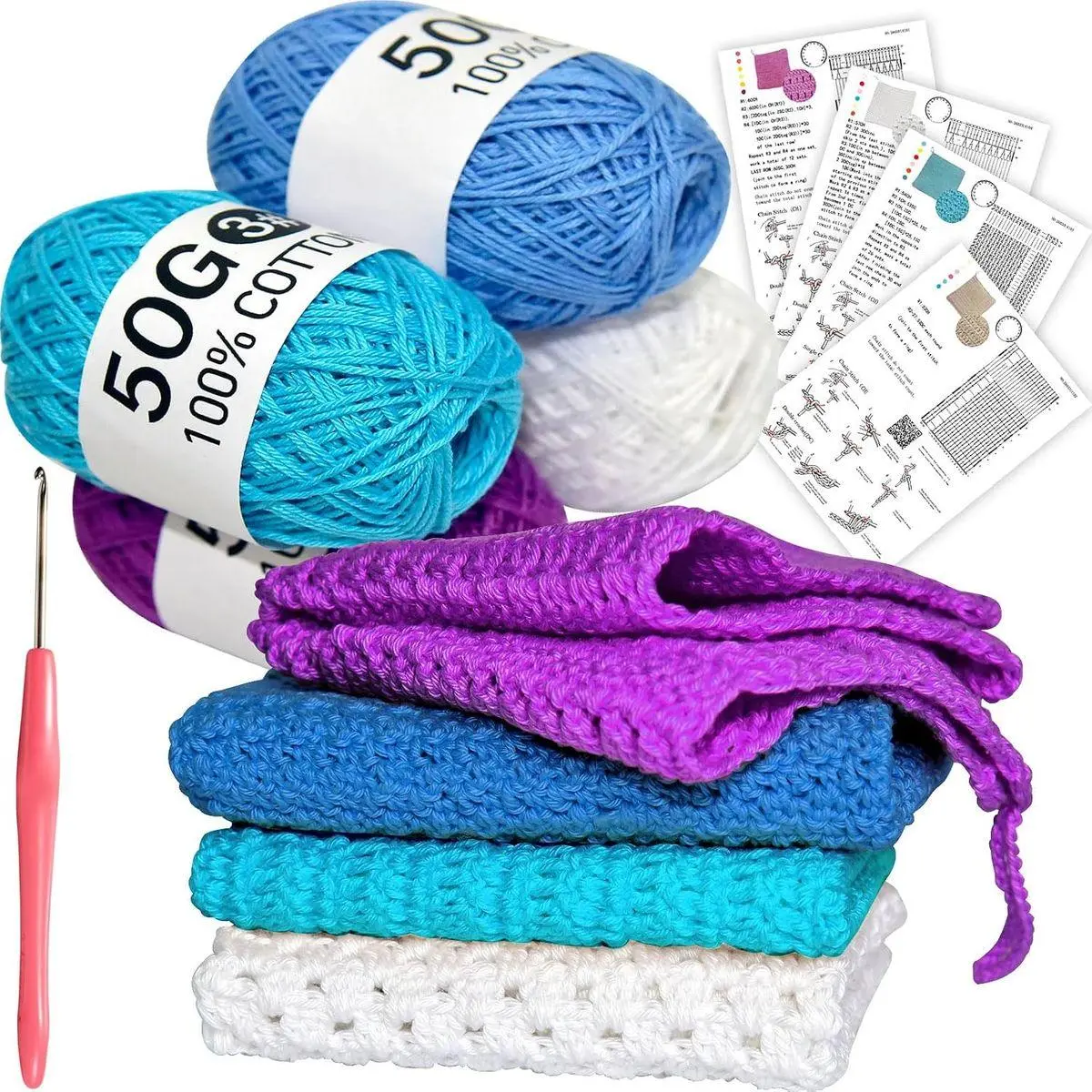 Beginner Crochet Kit: Cotton Thread, Hooks & DIY Dishcloth Tutorial （Cool Blue-Purple）