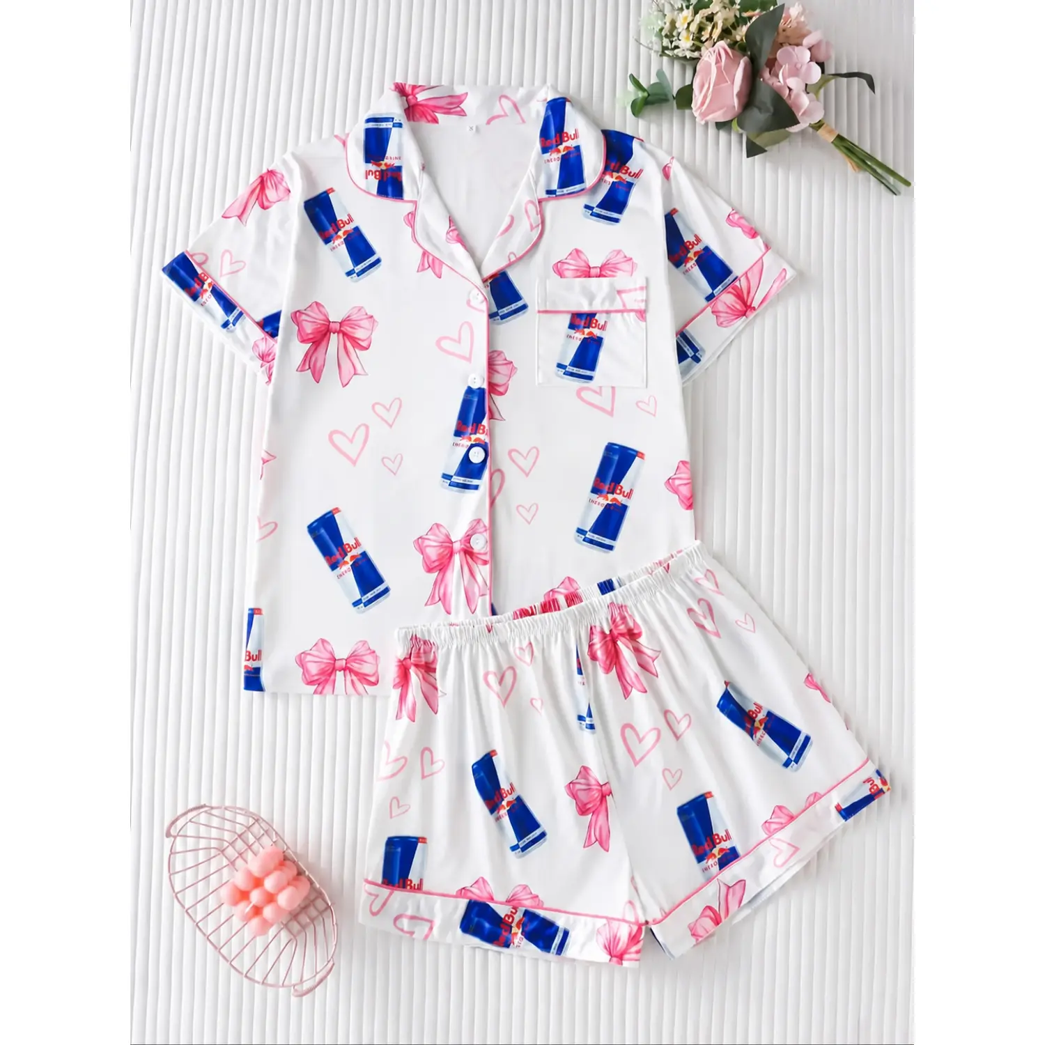 Women's Valentine's Heart & Bow Print Pajama Set, Casual Short Sleeve Top & Comfy Shorts, All-Season Sleepwear Loungewear, Matching Lounge Pajamas Set