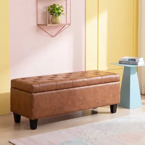 【JOYVELLEHEIM】Faux Leather Storage Ottoman Bench, End of Bed Storage Benches, Button Tufted, Solid Wood Leg, Safety Hinge, Modern Accent Leather Ottoman Storage for Bedroom Living Room Entryway deep indoor