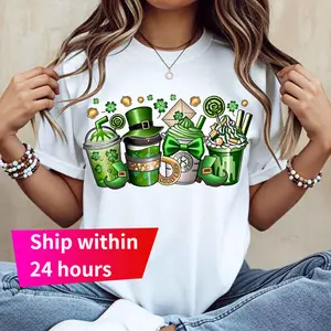 Ship within 24 hours St Patrick's Day  Lucky Irish Shamrock st paddy  Women Casual T Shirt   Coffee Cup And Leprechaun Hat Design Soft Lightweight Comfortable Tee Perfect For Festival Celebrations Holiday Outfits Daily Wear Cute Graphic Novelty Gift Idea