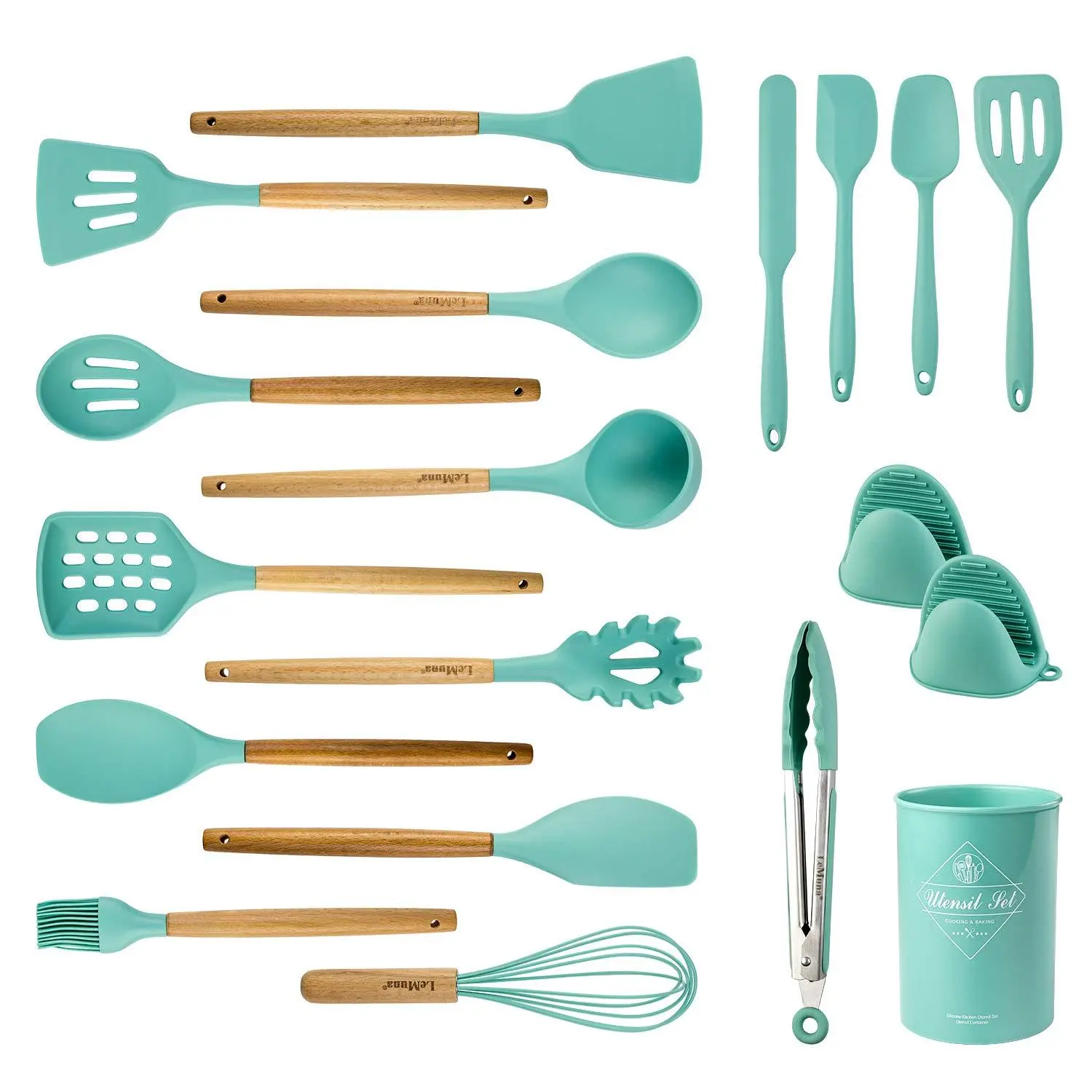 Cooking Utensils Set  18pcs Kitchen Silicone Heat Resistant Non & With Holder Wooden Handle Home Accessories Teal(turquoise)