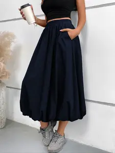 Women's A-Line Midi Skirt with Pockets, Casual Draped Design, Elastic Waist, Natural Waist, Fit, Long Lantern Style, All Seasons, Fitted