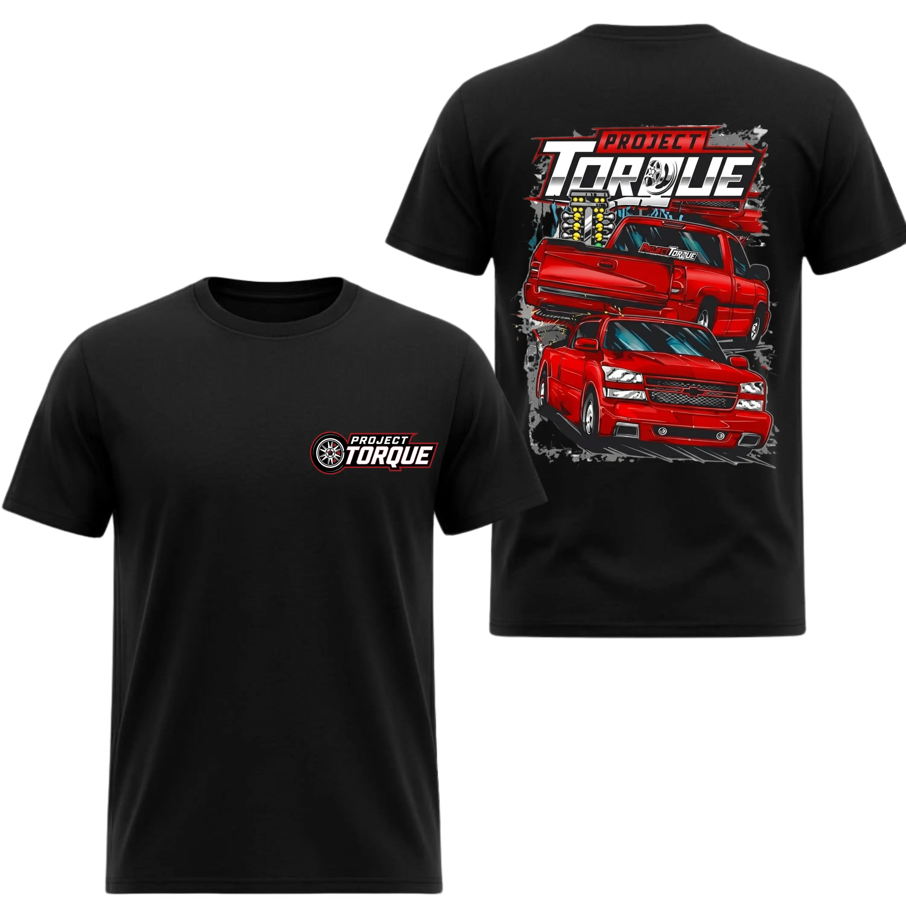 Project Torque Lowered Chevy Silverado T-Shirt, 2 Sides, Red Street Racing Truck Graphic Tee