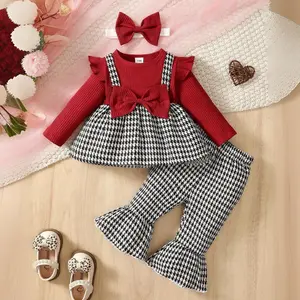 Adorable Girls' Cotton Houndstooth Outfit Set Long Sleeve Top & Flared Pants With Bow Detail Perfect For Spring & Fall