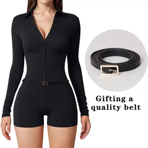OYS Women's Long Sleeve Button Down Short Pants with Belt One Piece Slim Fit Short Jumpuit Rompers