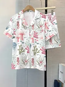 Women's Sleepwear 2-Piece Set, Pajama Set, Pjs, Seahorse Coral Pattern, Comfortable Fitted Night Home Wear, Loungewear, Fashion Soft Fabric, Casual Daily Use, Womenswear