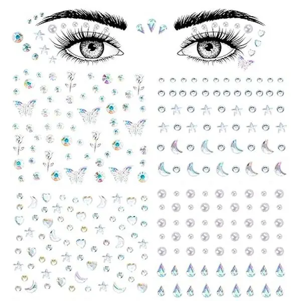 Face Gems Self Adhesive Face Rhinestones Stick On for Hair Gems Makeup Stickers Face,Eyes,Nail Stickers Pearls Star Rhinestones Tattoos for Women, Girls (4 Sheets)