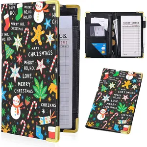 Server Books for Waitress - Brown PU Leather Waiter Book Server Wallet with Zipper Pocket,Christmas Motifs Waitress Book&Waitstaff Organizer with  Pocket Fit Server Apron 7.9 x 5 Inch