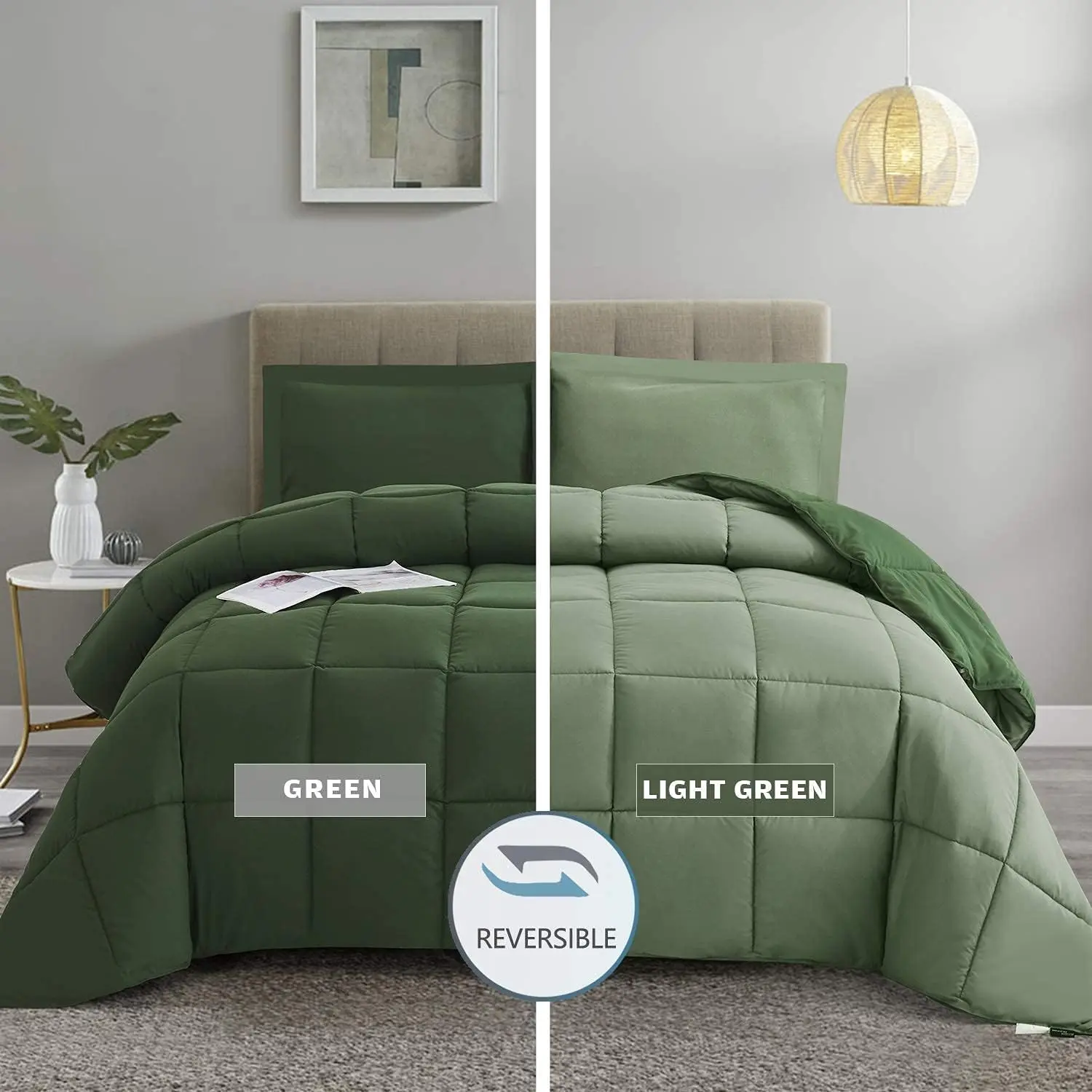 3pc Green King Size Complete Bedding Set - Down Alternative Quilted Duvet Insert with Shams, Corner Tabs, Box Stitching, Fluffy, Oversized King