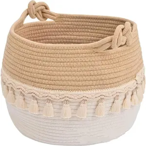Bohemian Style Bathroom Cotton Rope Woven Laundry Storage Basket with Tassel Decoration,Perfect for Pet Blankets & Dirty Laundry