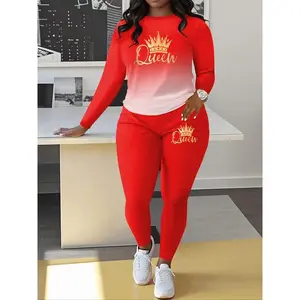 Women’s Ombre Letter Print Sweatshirt & Long Pants Set, Casual Crew Neck Long Sleeve Top, Elastic Waist for Autumn/Winter