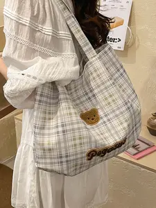 Fresh Plaid Bear Embroidered Tote Bag, Ultra-Light Large Capacity Shoulder Bag, Korean Cute Girls School Daily Purse