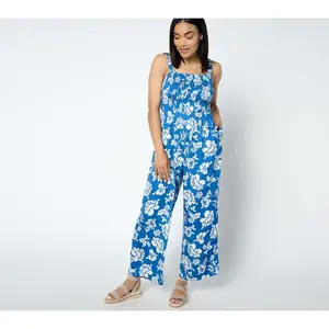 Destination 365 Petite Printed Smocked Bodice Sleeveless Jumpsuit