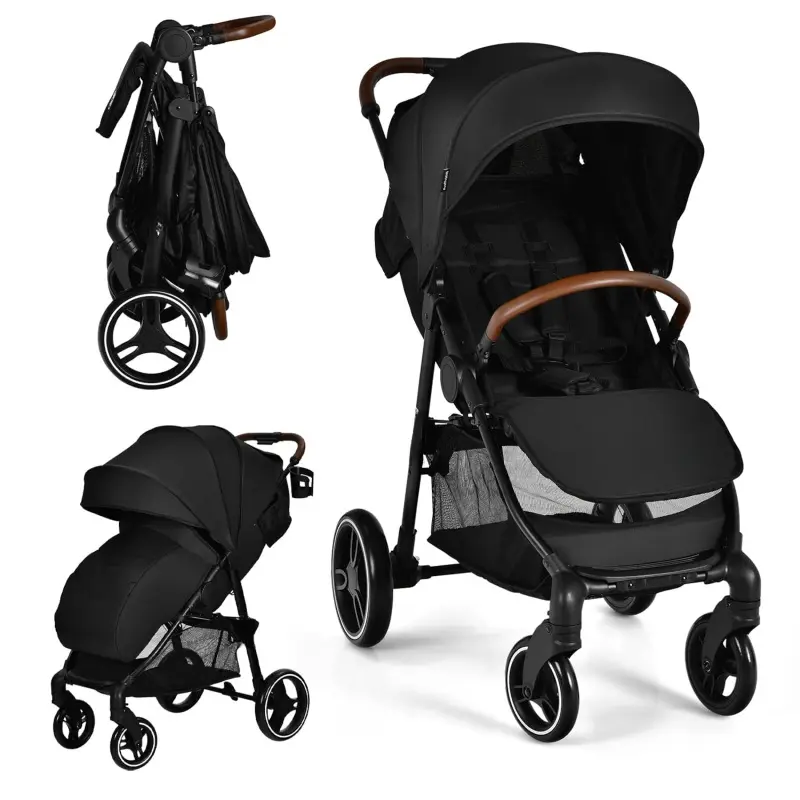 High Landscape Collapsible Stroller, Folding Newborn Pushchair with ft Cover, Cup Holder, 5-Point Harness, Adjustable Backrest & Canopy, Suspension Wheels, Easy 1-Hand Fold, Reversible Seat, Shopping Cart Strap (Black), Folding Newborn Stroller