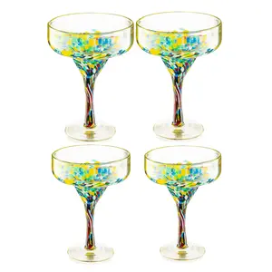 Margarita Glasses – Set of 4 - Luxury Hand Blown Confetti Margaritas, Cocktails, Water, Wine, Dessert, Martini & Champagne Cinco de Mayo, Hand Blown - Mexican Confetti Design Glass, Party, Home & Bar