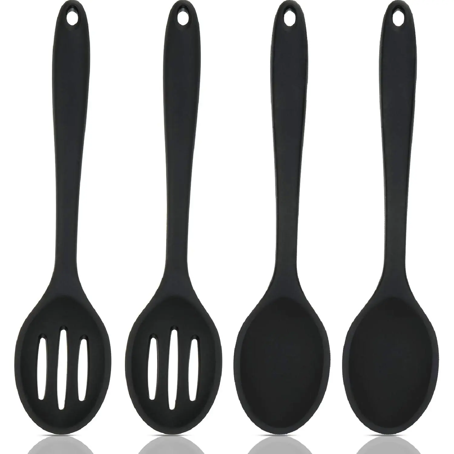 4-piece Silicone Cooking Spoons 10.6inch Large Non-stick Pan Heat-resistant Spoons for Stirring and Mixing Kitchen Utensils, Dishwasher Safe (Black)