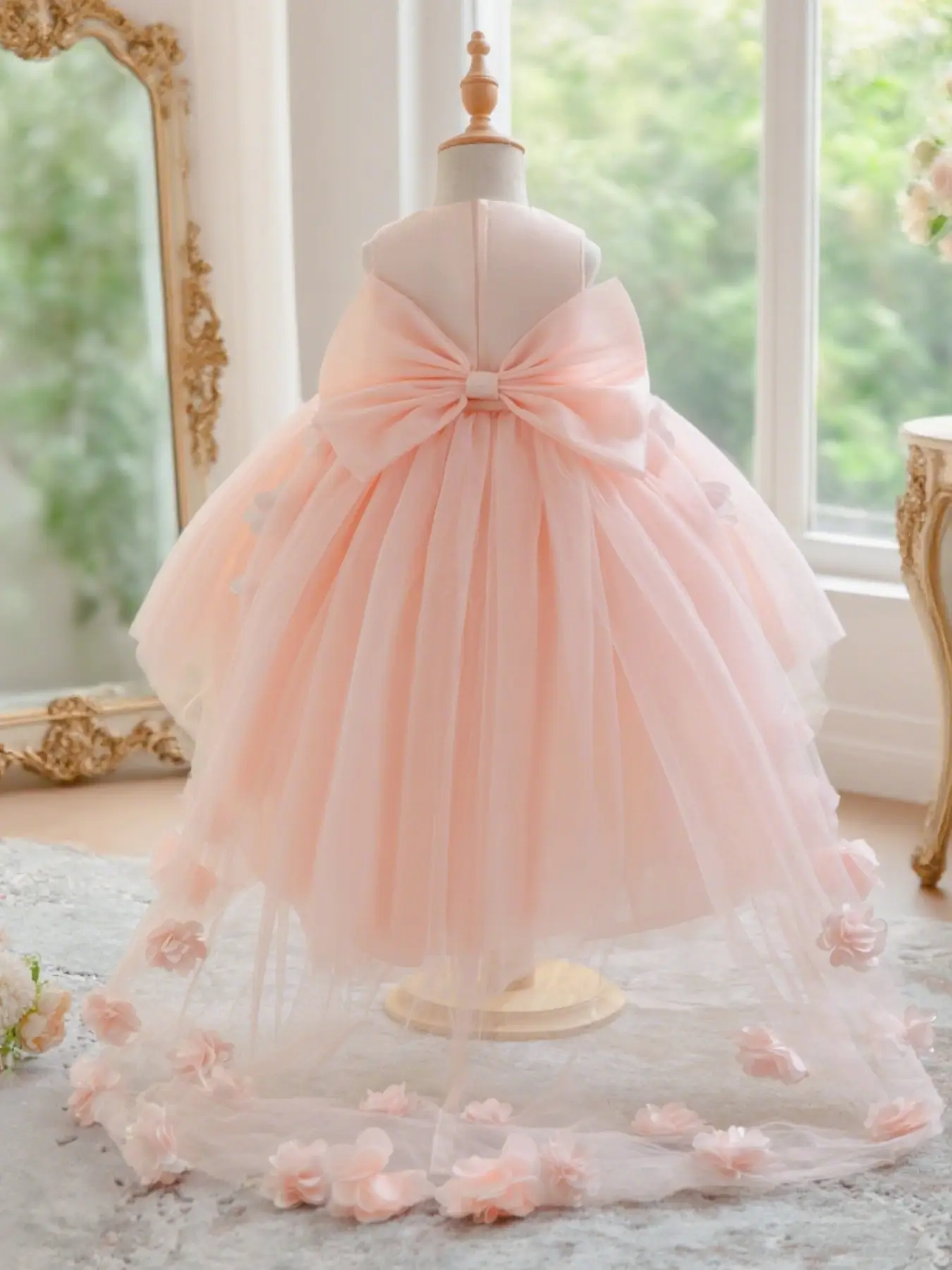 Girls elegant party dress perfect for weddings and events design stylish train design elegant sweet floral dress, Princess Dress