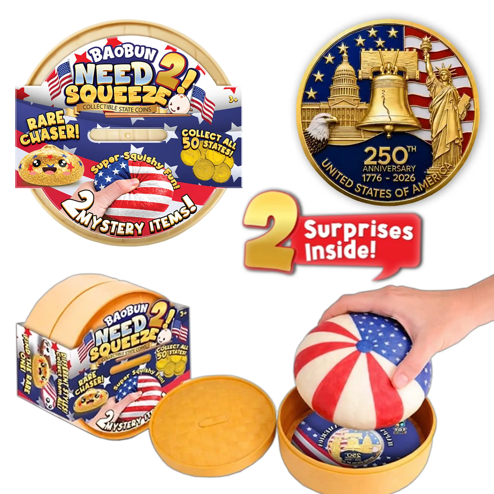 Toy Master USA Bao Bun Squishy Toy, Slow Rise Sensory Fidget Dumpling with Surprise Collectible Tokeez Coin