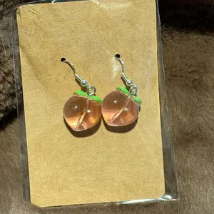 Peach Earrings - Transparent Peach Design with Green Leaves, Perfect for Everyday Wear