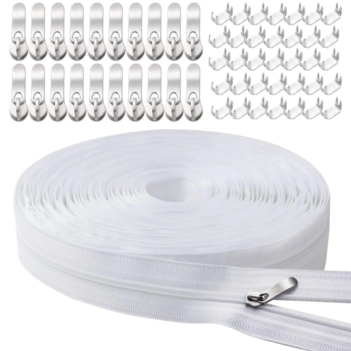 11Yards White Nylon Coil Zipper by The Yards, #3 Bulk Zippers for DIY Sewing Craft Bags with Replacement 20PCS Zipper Sliders Crafting