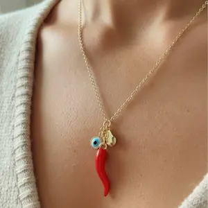 Italian Red Horn Necklace, 14k Gold Plated Cornicello Good Luck Pendant, red chile necklace, Italian Amulet Protection, Cornicello jewelry