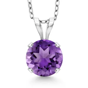 Gem Stone King 14K White Gold Purple Amethyst Pendant Necklace for Women | 1.00 Cttw | Gemstone February Birthstone | Round 6MM | With 18 Inch Silver Chain