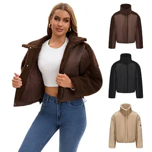 BIGWIG Women's Short Casual Jacket, Comfortable Wool Piping, Wool Lapel Zipper Long Sleeve Short Casual Jacket, Faux Leather Shearling Bomber Jacket, Teddy Bear Lining, Zipper, PU Leather, Retro Loose Casual Versatile