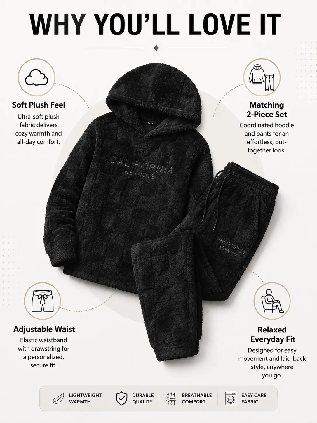 Men's 2-Piece Polyester Fleece Pajama Set - Embroidered Longsleeve Hoodie, Classic Plaid Fitted Cut Lounge Pants, Cozy Winter Home Relaxation Loungewear, Machine Wash, Plain