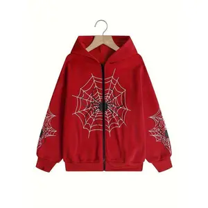 Stylish spider web print hoodies-soft, casual, zip-up, long sleeve sweatshirt for women-comfortable, relaxed fit, versatile clothing for daily wear Fabric Womenswear Animals Knit Polyester Short