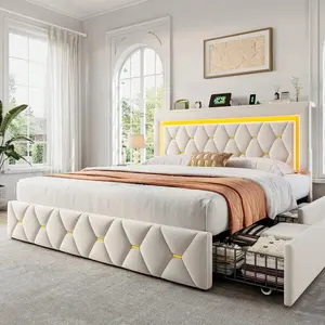 LED Bed Frame With 4 Storage Drawers Velvet Platform Bed With Adjustable Storage Headboard & Charging Station, No Box Spring Needed, Beige