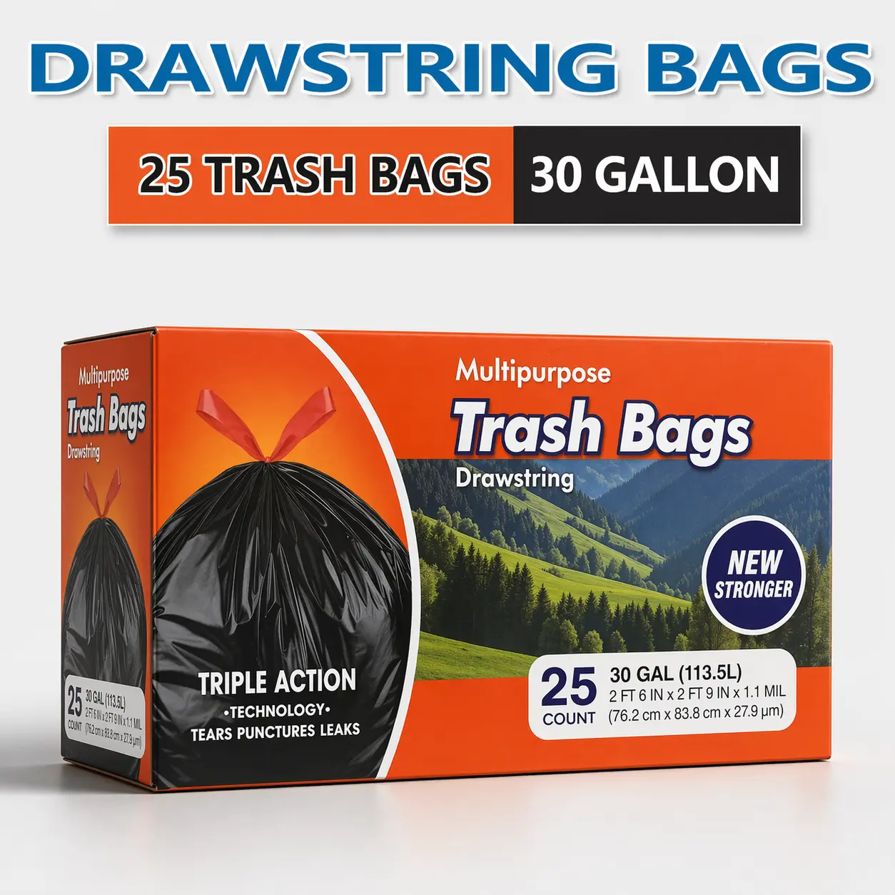 Trash Bags 30 Gallon Black Large Trash Bag Garbage Bags Heavy Duty 25 Count BPA FREE Strong Rubbish Bag drawstring