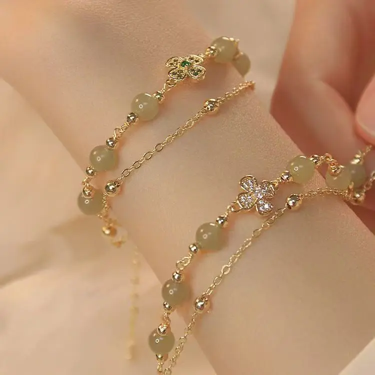 Natural Jade Four-Leaf Clover Stackable Bracelet