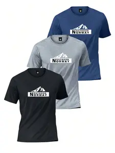 3 Piece Short Sleeve T-Shirt Set, Outdoor Hiking Camping Wear, North European Mountain Letter Print, Quick-Dry Breathable Sport Fabric, Breathable Activewear, High Performance Activewear