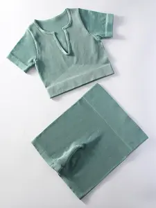 Women's Solid Ribbed Crop Top & High Waist Skinny Shorts Sportswear Set, Casual U Neck Short Sleeve Tee & High Stretch Shorts, Ladies Sportswear for Indoor Outdoor Wear, Clothes