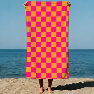 Checkerboard pattern: Alternating pink and orange squares, geometric abstract art style. Sand-Free Beach Towel | Ultra-Light Microfiber | Quick-Dry, Compact for Travel