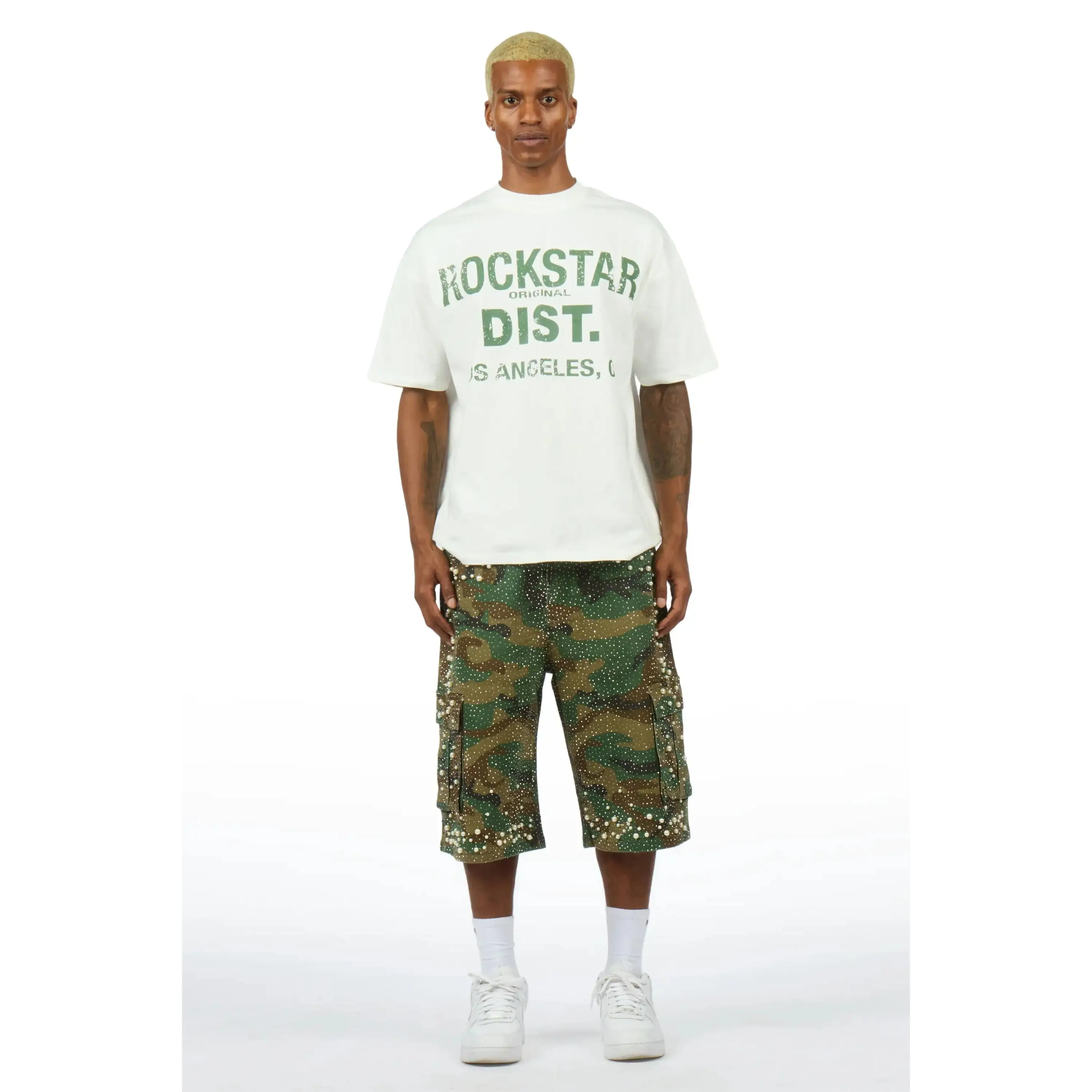 Sevyn White/Camo Rhinestone T-Shirt Denim Jort Set