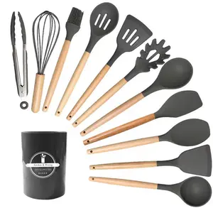 Wooden handle silicone kitchenware 12-piece set with storage bucket Silicone spatula soup spoon Household high-temperature kitchen tools Pasta Utensils Sturdy