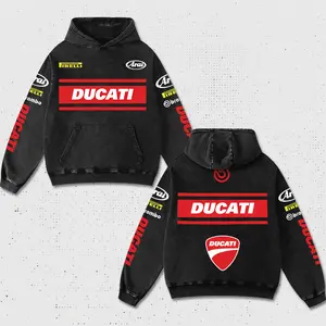 Retro Pirelli x Brembo x Ducati Racing Hoodie Washed Black, MotoGP World Championship Enthusiast, Motorcycle Off Road Dirt Bike Graphic Streetwear, Heavyweight Biker Sweatshirt, Retro Moto Gear Motorbike Apparel Men’s Aesthetic Y2K Racing Jacket Style